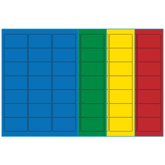 A4-21, 21 etiketter/ark, farvet mat (blå, grøn, gul eller rød) – permanent lim – 63,5 x 38,1 mm – 100 ark - A4-etiketter, farvede