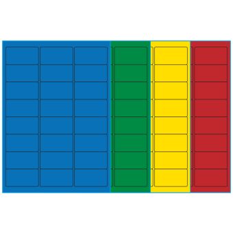 A4-24, 24 etiketter/ark, farvet mat (blå, grøn, gul eller rød) – permanent lim – 64,0 x 33,9 mm – 100 ark - A4-etiketter, farvede