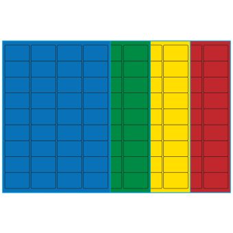 A4-36, 36 etiketter/ark, farvet mat (blå, grøn, gul eller rød) – permanent lim – 48,0 x 31,0 mm – 100 ark - A4-etiketter, farvede