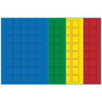 A4-40 kvad, 40 etiketter/ark, farvet mat (blå, grøn, gul eller rød) – permanent lim – 30,0 x 30,0 mm – 100 ark - A4-etiketter, farvede