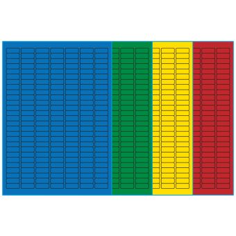 A4-189, 189 etiketter/ark, farvet mat (blå, grøn, gul eller rød) – permanent lim – 25,4 x 10,0 mm – 100 ark - A4-etiketter, farvede