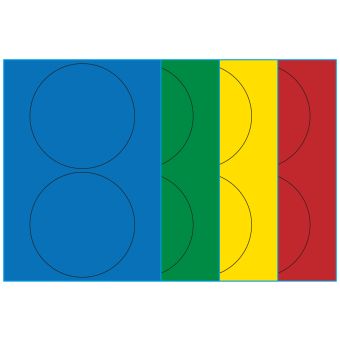 A4-Ø140, 2 etiketter/ark, farvet mat (blå, grøn, gul eller rød) – permanent lim – Ø 140,0 mm – 100 ark - A4-etiketter, farvede