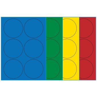 A4-Ø90, 6 etiketter/ark, farvet mat (blå, grøn, gul eller rød) – permanent lim – Ø 90,0 mm – 100 ark - 