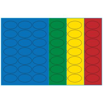 A4-21 ovale, 21 etiketter/ark, farvet mat (blå, grøn, gul eller rød) – permanent lim – 60,0 x 35,0 mm – 100 ark - A4-etiketter, farvede