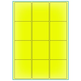 A4-12 gul neon, 12 etiketter/ark, gul neon – permanent lim – 63,5 x 72,0 mm – 100 ark - A-4 etiketter gul neon