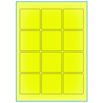 A4-12 kvad. gul neon, 12 etiketter/ark, gul neon – permanent lim – 60,0 x 60,0 mm – 100 ark - A-4 etiketter gul neon