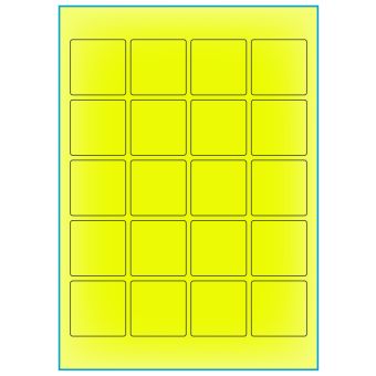 A4-20 kvad. gul neon, 20 etiketter/ark, gul neon – permanent lim – 45,0 x 45,0 mm – 100 ark - A-4 etiketter gul neon