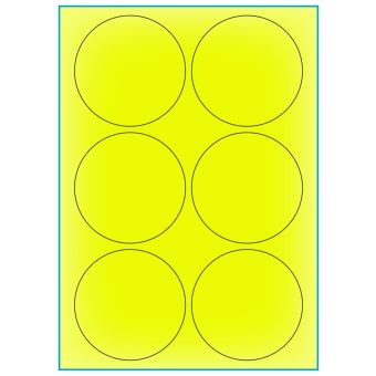 A4-Ø90 gul neon, 6 etiketter/ark, gul neon – permanent lim – Ø 90,0 mm – 100 ark - A-4 etiketter gul neon