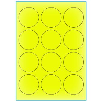 A4-Ø60 gul neon, 12 etiketter/ark, gul neon – permanent lim – Ø 60,0 mm – 100 ark - A-4 etiketter gul neon