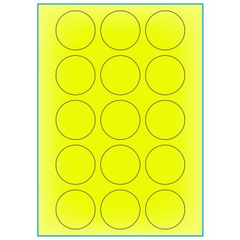 A4-Ø50 gul neon, 15 etiketter/ark, gul neon – permanent lim – Ø 50 mm – 100 ark - A-4 etiketter gul neon