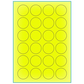 A4-Ø40 gul neon, 24 etiketter/ark, gul neon – permanent lim – Ø 40,0 mm – 100 ark - A-4 etiketter gul neon
