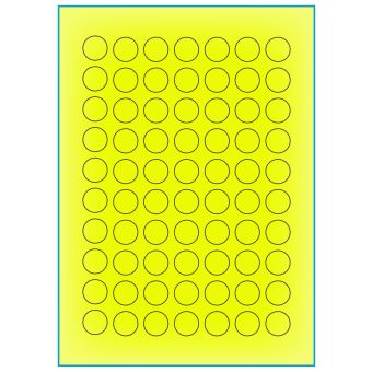 A4-Ø20 gul neon, 70 etiketter/ark, gul neon – permanent lim – Ø 20 mm – 100 ark - A-4 etiketter gul neon