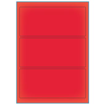 A4-3 rød neon, 3 etiketter/ark, rød neon – permanent lim – 198,0 x 85,0 mm – 100 ark - A4, A5 & A6 etiketter i ark