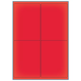 A4-4 rød neon, 4 etiketter/ark, rød neon – permanent lim – 99,1 x 139,0 mm – 100 ark - Etiketter i A4 ark
