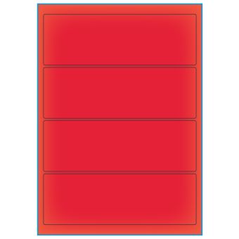 A4-4 smal rød neon, 4 etiketter/ark, rød neon – permanent lim – 195,0 x 65,0 mm – 100 ark - Etiketter i A4 ark