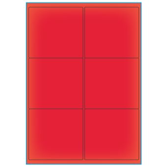 A4-6 rød neon, 6 etiketter/ark, rød neon – permanent lim – 99,1 x 93,1 mm – 100 ark - Etiketter i A4 ark