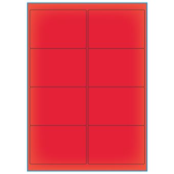 A4-8 rød neon, 8 etiketter/ark, rød neon – permanent lim – 99,1 x 67,7 mm – 100 ark - Etiketter i A4 ark