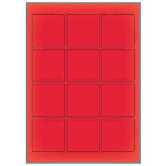 A4-12 kvad. rød neon, 12 etiketter/ark, rød neon – permanent lim – 60,0 x 60,0 mm – 100 ark - Etiketter i A4 ark