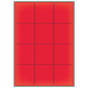 A4-12 rød neon, 12 etiketter/ark, rød neon – permanent lim – 63,5 x 72,0 mm – 100 ark - Etiketter i A4 ark