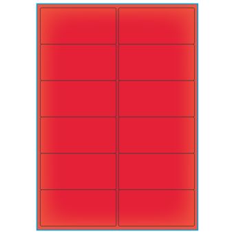 A4-12 smal rød neon, 12 etiketter/ark, rød neon – permanent lim – 99,1 x 47,5 mm – 100 ark - Etiketter i A4 ark