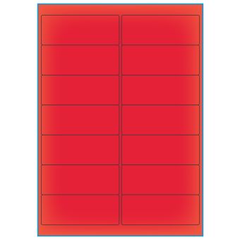A4-14 rød neon, 14 etiketter/ark, rød neon – permanent lim – 99,1 x 38,1 mm – 100 ark - Etiketter i A4 ark