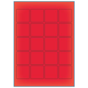 A4-20 kvad. rød neon, 20 etiketter/ark, rød neon – permanent lim – 45,0 x 45,0 mm – 100 ark - A-4 etiketter rød neon