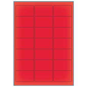 A4-21 rød neon, 21 etiketter/ark, rød neon – permanent lim – 63,5 x 38,1 mm – 100 ark - A-4 etiketter rød neon