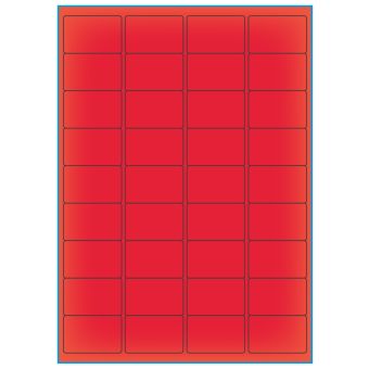 A4-36 rød neon, 36 etiketter/ark, rød neon – permanent lim – 48,0 x 31,0 mm – 100 ark - A-4 etiketter rød neon