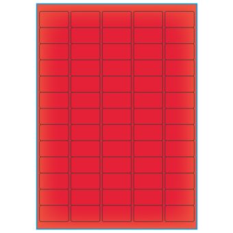 A4-65 rød neon, 65 etiketter/ark, rød neon – permanent lim – 38,1 x 21,2 mm – 100 ark - A-4 etiketter rød neon
