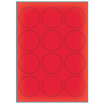 A4-Ø60 rød neon, 12 etiketter/ark, rød neon – permanent lim – Ø 60,0 mm – 100 ark - A-4 etiketter rød neon