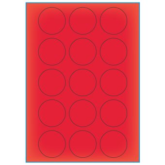 A4-Ø50 rød neon, 15 etiketter/ark, rød neon – permanent lim – Ø 50 mm – 100 ark - A-4 etiketter rød neon