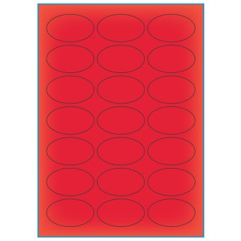 A4-21 ovale rød neon, 21 etiketter/ark, rød neon – permanent lim – 60,0 x 35,0 mm – 100 ark - A-4 etiketter rød neon