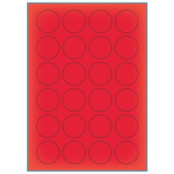 A4-Ø40 rød neon, 24 etiketter/ark, rød neon – permanent lim – Ø 40,0 mm – 100 ark - A-4 etiketter rød neon