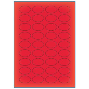 A4-36 oval rød neon, 36 etiketter/ark, rød neon – permanent lim – 40,0 x 25,0 mm – 100 ark - A-4 etiketter rød neon