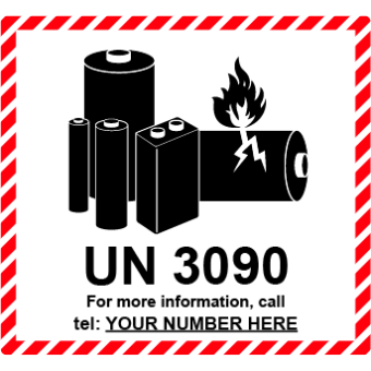 Selvklæbende Fareseddel i PP – UN 3090 Lithium Batteri Mærke (Med eget telefonnummer) – 110x120 mm – 250 stk. - Faresedler