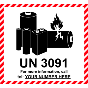 Selvklæbende Fareseddel i PP – UN 3091 Lithium Batteri Mærke (Med eget telefonnummer) – 110x120 mm – 250 stk. - Faresedler