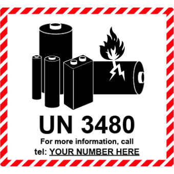 Selvklæbende Fareseddel i PP – UN 3480 Lithium Batteri Mærke (Med eget telefonnummer) – 110x120 mm – 250 stk. - Faresedler