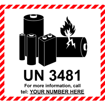 Selvklæbende Fareseddel i PP – UN 3481 Lithium Batteri Mærke (Med eget telefonnummer) – 110x120 mm – 250 stk. - Faresedler