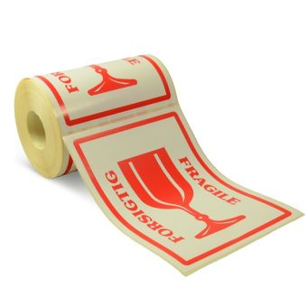 Advarselsetiketter, Permanent – Forsigtig / Fragile – 148 x 210 mm – 300 stk. - Advarselslabels i ruller