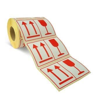 Advarselsetiketter, Permanent – Denne side op / Forsigtig – 110 x 74 mm – 500 stk. - Advarselslabels i ruller