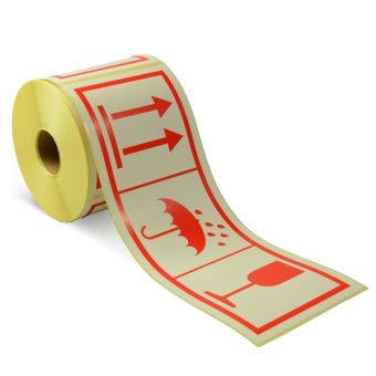 Advarselsetiketter, Permanent – Forsigtig / Tåler ikke fugt / Denne side op – 112 x 300 mm – 300 stk. - Advarselslabels i ruller
