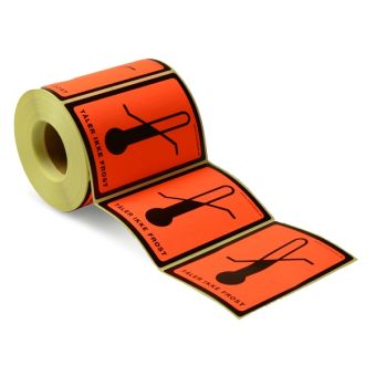 Advarselsetiketter, Permanent – Tåler ikke frost (Rød Neon) – 102 x 74 mm – 500 stk. - Advarselslabels i ruller